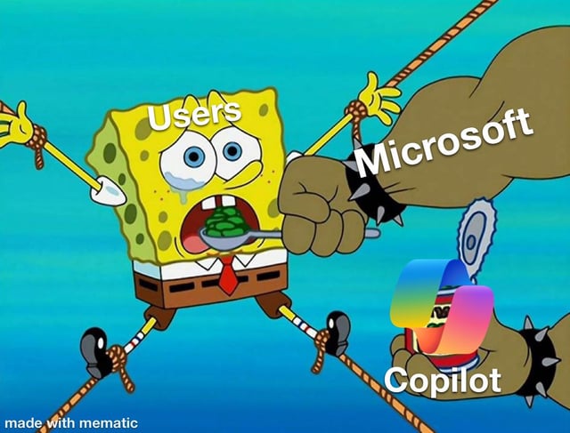 This meme uses a classic SpongeBob SquarePants scene to satirize user frustration with Microsoft's mandatory Copilot integrations. SpongeBob is tied up with ropes, crying and looking panicked, labeled 'Users' to represent general Windows/Microsoft product users. A large muscular arm labeled 'Microsoft' is force-feeding SpongeBob unappetizing green food, while a second muscular arm holds a can of the food emblazoned with the Microsoft Copilot logo, labeled 'Copilot'. The joke conveys that users are being forced to use the Copilot feature against their will, even when they do not want it.