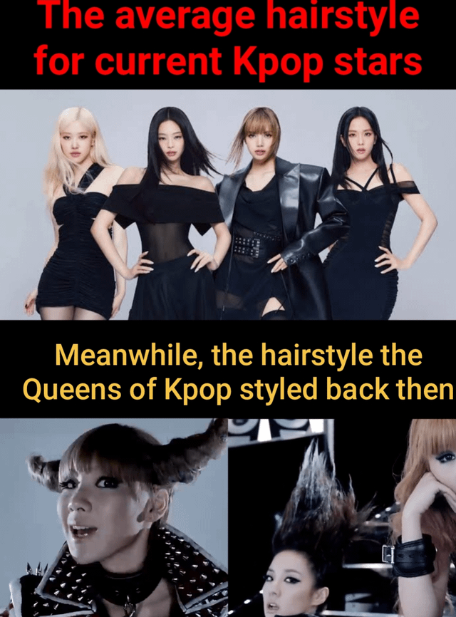 A two-panel meme comparing hairstyles in Kpop. The top panel features red text reading 'The average hairstyle for current Kpop stars' above four women in sleek, coordinated black outfits with similar straight, neat hairstyles, posing confidently with hands on hips. The bottom panel has yellow text stating 'Meanwhile, the hairstyle the Queens of Kpop styled back then' above three women (likely from older Kpop groups) with highly exaggerated, bold hairstyles: one with horn-like buns, another with spiky, voluminous hair, and a third with a unique, eye-catching style. The meme humorously contrasts the modern trend of sleek, uniform hairstyles with the more experimental, iconic looks of earlier 'Queens of Kpop'.