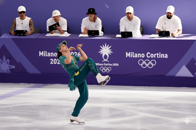 This AI-generated humorous image depicts a figure skating event at the 2026 Milano Cortina Winter Olympics. A female skater, in a sparkly green Australian-themed outfit, performs a one-legged pose on the ice. Behind her, the judge's panel is replaced by five casual, modern-looking men (some with tattoos, wearing street-style hats like bucket caps and baseball hats) holding tablets, observing the performance. The core joke is the stark contrast between the formal, elegant sport of Olympic figure skating and the laid-back, non-traditional judges, satirizing the stuffiness of official sports officiating. The background prominently features the Milano Cortina 2026 Olympic branding, including the event name and Olympic rings.