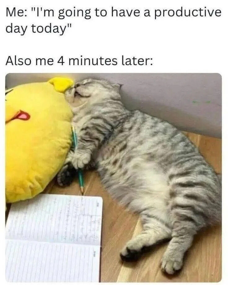 A meme contrasting the intention to be productive with the reality of quickly succumbing to laziness. The top text reads 'Me: "I'm going to have a productive day today"' followed by 'Also me 4 minutes later:' above a photograph. The image shows a gray tabby cat lying on its side on a wooden floor, sound asleep with its head resting on a large yellow Pikachu plush toy. The cat has a green pencil clutched in one paw and an open notebook lies nearby, humorously depicting the sudden shift from motivation to relaxation. The meme uses the cat's sleepy, content expression and posture to exaggerate the relatable struggle of maintaining productivity.