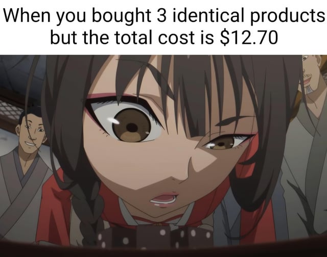 This meme features text at the top reading "When you bought 3 identical products but the total cost is $12.70" over an anime screenshot of a female character with an incredulous, confused expression, squinting one eye while the other is wide open. The joke relies on the fact that $12.70 is not cleanly divisible by 3, meaning the cost per individual product would require a fraction of a cent, which is logically impossible for standard retail pricing. The character's expression perfectly represents the frustration and confusion of encountering this nonsensical pricing while shopping.
