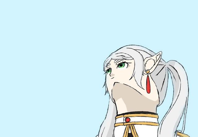 An animated illustration of an elf-like character with long white hair styled in a ponytail, pointed ears, and green eyes. The character has a serious expression with a slightly upward gaze, facing to the left. They are wearing red drop earrings and a white garment with a gold and red collar. The background is a solid light blue color with no additional elements.