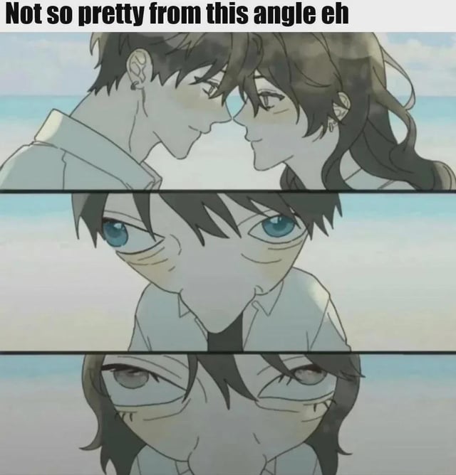 This is a three-panel meme that subverts romantic anime tropes with a visual joke. The top panel depicts a tender, romantic scene of an anime-style young man and woman leaning close to one another against a beach backdrop, with the text overlay reading "Not so pretty from this angle eh". The middle panel zooms in on the man's face, which has been heavily edited into a distorted, unflattering shape: his eyes are droopy and stretched, his lower face is warped, making him look tired and unattractive. The bottom panel repeats this effect for the woman, showing her with similarly distorted, exhausted-looking facial features. The humor comes from the literal, absurd take on the phrase "not so pretty from this angle"—instead of a standard alternate camera angle, it uses exaggerated face warping to break the idealized romantic aesthetic into something silly and grotesque, playing on the expectation of polished, attractive anime character designs.