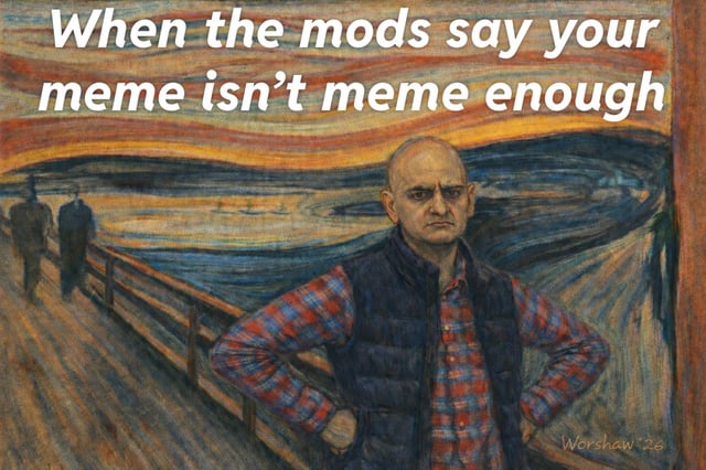 This meme is a humorous remix of Edvard Munch's iconic 1893 expressionist painting *The Scream*. The original screaming figure is replaced with a bald, frustrated-looking man in a red plaid shirt and dark vest, standing with his hands firmly on his hips. At the top of the image, white text reads: 'When the mods say your meme isn't meme enough'. The joke leans into the relatable online experience of having content removed by forum moderators (colloquially 'mods') on platforms like Reddit, where posts are often rejected for not meeting community-specific 'meme' standards. The contrast between the original painting's intense existential dread and the modern, mundane frustration of online content moderation creates a funny, relatable punchline for internet users familiar with platform moderation rules.