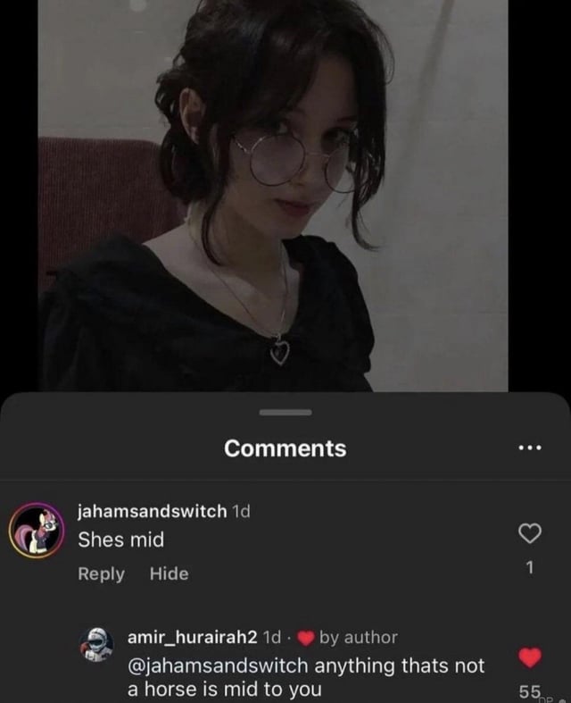 The image is a social media screenshot meme. The upper section displays a photo of a young woman with dark wavy hair, round thin-rimmed glasses, wearing a black top and a heart-shaped pendant necklace, looking at the camera with a soft neutral expression. The lower section shows the post's comments thread: the top comment from user jahamsandwitch (who has a My Little Pony cartoon pony profile picture) reads "Shes mid". A reply from user amir_hurairah2, which is liked by the original post author, roasts the first commenter by saying "@jahamsandwitch anything thats not a horse is mid to you", implying the first user is so obsessed with horses/ponies that he finds all non-horse people unremarkable or average.