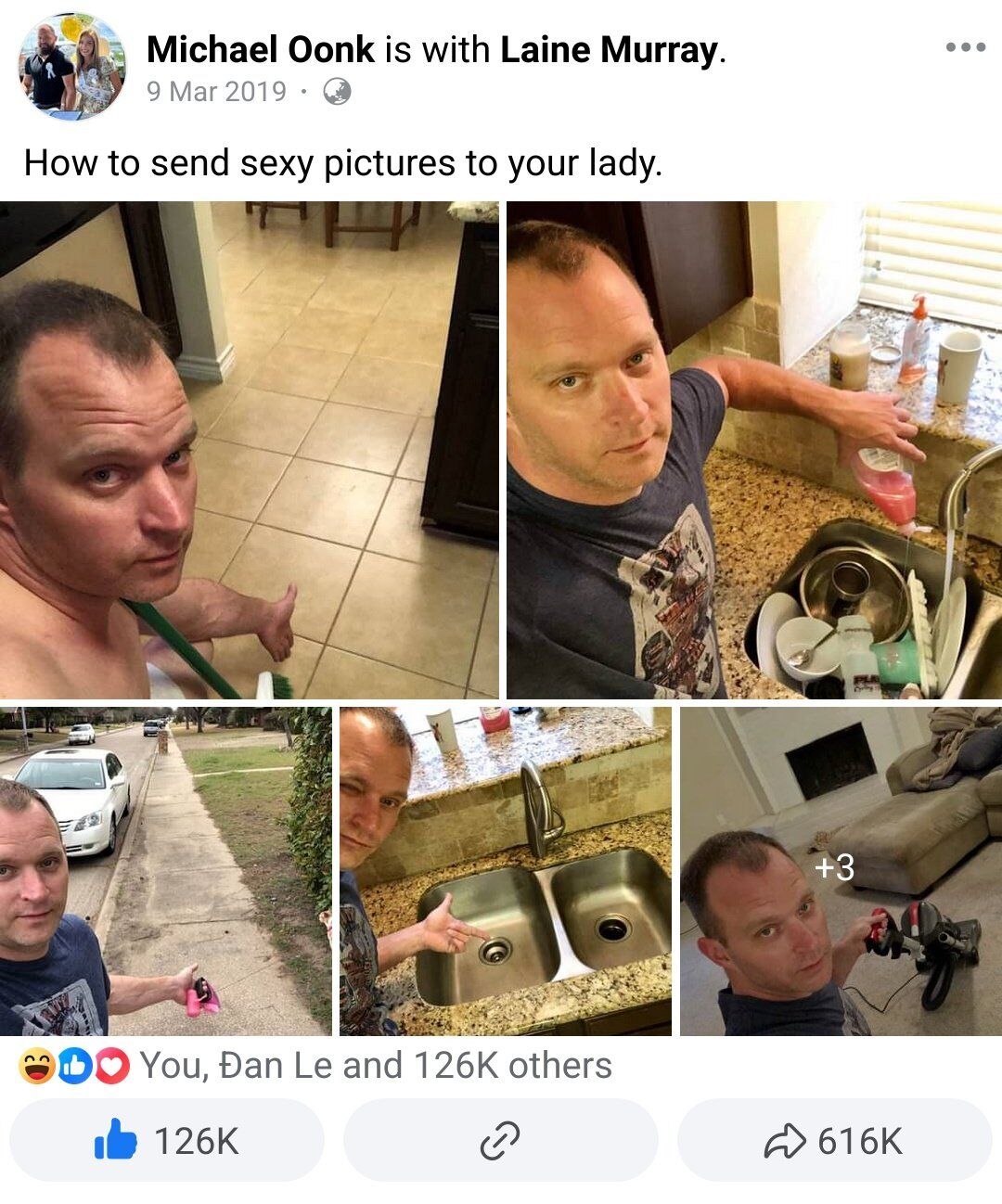 A collage meme posted by Michael Oonk on X.com (WholesomeMeme) on 9 Mar 2019. The main text reads 'How to send sexy pictures to your lady.' Below the text are five photos of a man (presumably Michael Oonk) performing various household chores with a deadpan expression: sweeping the floor shirtless, washing dishes at the kitchen sink, holding a trash bag on a sidewalk, cleaning a kitchen sink, and using a power tool near a couch. The humor stems from the satirical subversion of expectations—presenting mundane, responsible chores as 'sexy pictures' instead of typical romantic or suggestive images, creating a wholesome and funny twist.