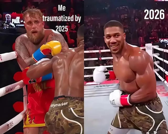 A two-panel meme using boxing imagery to humorously depict the transition from 2025 to 2026. The left panel shows a tattooed boxer in red/yellow trunks with blue and yellow gloves, appearing traumatized and defensive, with the text 'Me traumatized by 2025' overlaid. The right panel shows the same (or another) boxer in camouflage trunks with white and red gloves, standing confidently in a fighting stance with a smile, with the text '2026' overlaid. Both panels are set in a boxing ring with a crowd in the background, emphasizing the contrast between the stressful 2025 experience and the hopeful 2026 outlook.