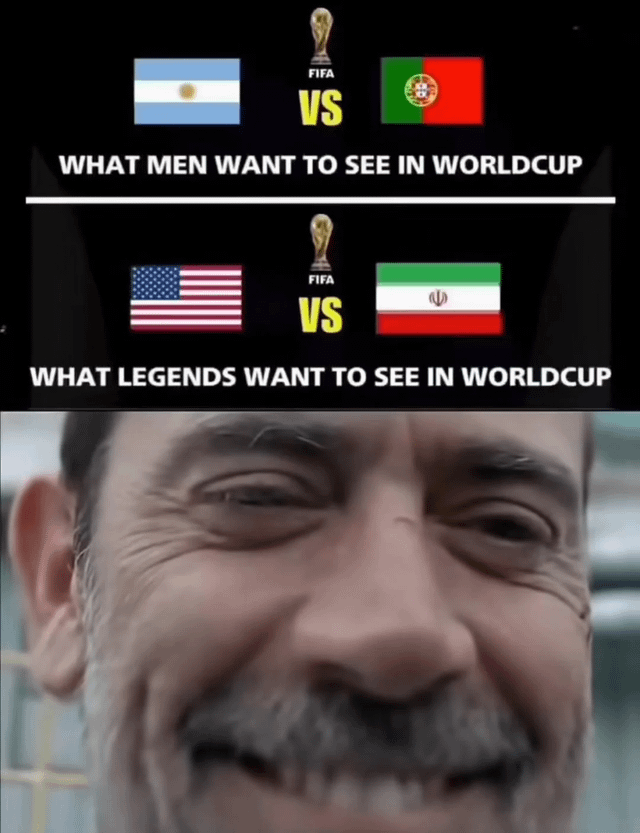 This meme uses a two-tier comparison format to joke about desired FIFA World Cup matches. The first section presents an Argentina vs Portugal matchup, labeled 'WHAT MEN WANT TO SEE IN WORLDCUP', a widely desired match featuring star players Lionel Messi and Cristiano Ronaldo, two of the most famous footballers in history. The second section presents a USA vs Iran matchup, labeled 'WHAT LEGENDS WANT TO SEE IN WORLDCUP', referencing the long-running geopolitical tensions between the two nations to imply this match would be far more high-stakes, dramatic, and entertaining. The final portion of the meme is a close-up of Qasem Soleimani, a prominent Iranian military leader, smirking in amused approval at the idea of the USA vs Iran match, which adds context to the provocative joke.