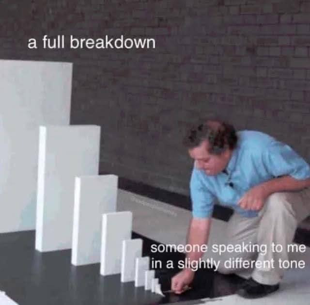 This meme uses a still of a man setting up a domino cascade sequence, where each domino is progressively larger than the last. The smallest domino that the man is placing is labeled 'someone speaking to me in a slightly different tone', while the largest domino at the end of the sequence is labeled 'a full breakdown'. The joke highlights the relatable experience of very minor, seemingly insignificant negative social cues triggering a disproportionate complete emotional breakdown, especially for people who struggle with overthinking or high sensitivity.