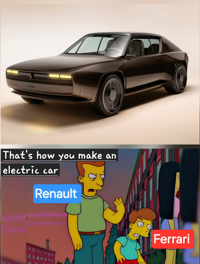 This is a two-panel collage meme. The top panel displays the sleek, modern-retro styled Renault R17 concept electric car, presented in a dark brown finish with minimalistic futuristic design elements including thin horizontal headlight strips and smooth, streamlined body lines. The bottom panel uses a scene from the animated show The Simpsons: an adult male character labeled 'Renault' looks condescending and delivers the line 'That's how you make an electric car' while gesturing dismissively, while a shocked, upset young boy character labeled 'Ferrari' stands next to him. The meme jokes that Renault's modern retro electric car design is far superior to Ferrari's electric car offerings.