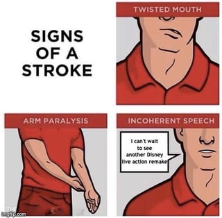 This is a 4-panel satirical meme. The first panel introduces the topic with the text 'SIGNS OF A STROKE'. The next three panels display common recognized stroke symptoms paired with illustrations: first, 'TWISTED MOUTH' showing a person's misaligned mouth, second, 'ARM PARALYSIS' showing a person with a limp, non-functional arm, third, 'INCOHERENT SPEECH' with the character saying 'I can't wait to see another Disney live action remake'. The joke frames wanting to watch Disney's often criticized live action remakes of classic animated films as a nonsensical, abnormal position equivalent to a stroke symptom, mocking the fact that these remakes are widely considered inferior to their original animated counterparts.