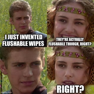 A 2x2 collage meme featuring two characters from the 2004 film 'Troy' (likely Paris and Helen). The top-left panel shows the male character with the text 'I JUST INVENTED FLUSHABLE WIPES'. The top-right panel shows the female character responding, 'THEY'RE ACTUALLY FLUSHABLE THOUGH, RIGHT?'. The bottom-left panel is a close-up of the male character with a serious expression, and the bottom-right panel is a close-up of the female character emphasizing 'RIGHT?'. The humor lies in the sarcastic implication that 'flushable' wipes often clog pipes, creating extra work for plumbers, hence the joke that plumbers 'love' this 'trick'.