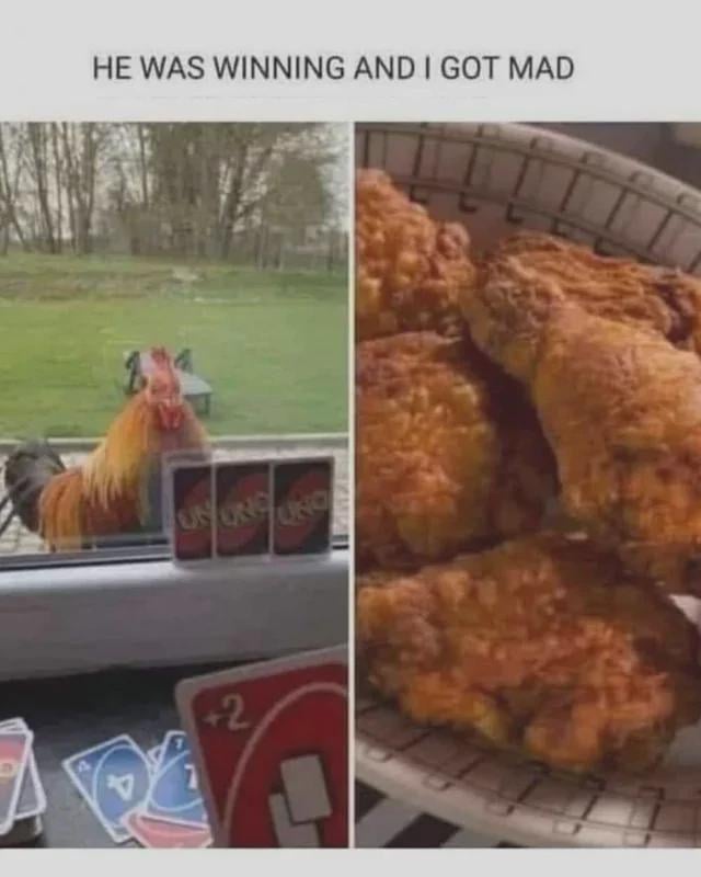 A two-panel meme. Left panel: A real rooster sits outside a window, with several Uno cards (including a '+2' card) placed on the windowsill in front of it, suggesting it was engaged in an Uno game. Right panel: A close-up of golden, crispy fried chicken pieces on a plate. The top text reads 'HE WAS WINNING AND I GOT MAD', creating a humorous narrative where the rooster was winning the Uno game, leading the creator to retaliate by cooking the rooster into fried chicken. The humor stems from the absurd escalation of frustration over a card game to a夸张 retaliatory action.