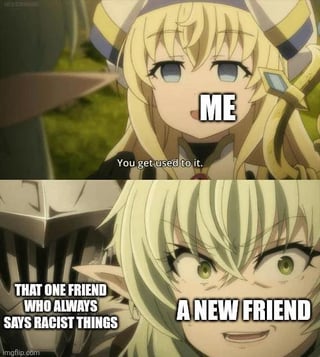 This is a two-panel anime reaction meme using footage from the series *Goblin Slayer*. The top panel features the character Priestess, labeled 'ME', saying 'You get used to it.' The bottom panel shows two characters: the armored Goblin Slayer is labeled 'THAT ONE FRIEND WHO ALWAYS SAYS RACIST THINGS', and the High Elf Archer, who has a shocked, horrified expression, is labeled 'A NEW FRIEND'. The joke highlights the experience of being desensitized to a long-term friend's repeated problematic racist remarks, while a new friend is understandably alarmed hearing those comments for the first time.