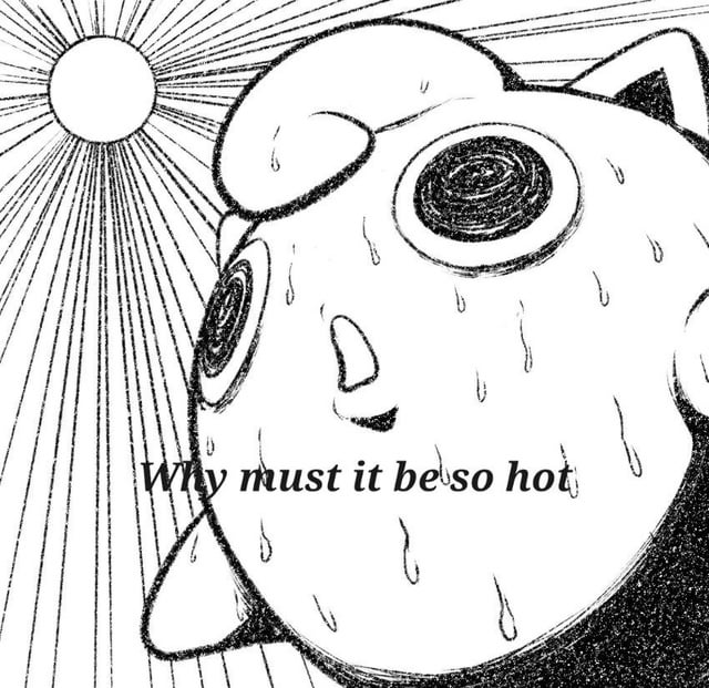 This is a black and white manga-style single panel meme. It features a round, cartoon anthropomorphic character with spiraling, disoriented eyes, sweating heavily all over its face to convey extreme discomfort from high temperatures. In the upper left corner, a bright sun with radiating light lines is depicted to illustrate intense sunny, hot summer weather conditions. Text overlaid across the lower part of the character reads 'Why must it be so hot', expressing the common, widespread frustration people feel about excessively high temperatures every summer.