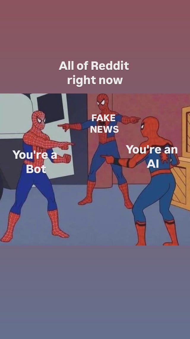 This meme uses the well-known 1967 *Spider-Man* animated series 'three Spider-Men pointing at each other' template, a classic meme format used to depict groups of identical parties accusing each other of the same fault. The header text at the top reads 'All of Reddit right now'. Each of the three identical Spider-Man characters is labeled with a distinct accusation they are directing at the other two: the left Spider-Man is labeled 'You're a Bot', the middle Spider-Man is labeled 'FAKE NEWS', and the right Spider-Man is labeled 'You're an AI'. The meme humorously comments on the prevalent current culture on Reddit where users regularly accuse each other of being automated bot accounts, AI-generated non-human accounts, or spreading false misinformation, with no party able to verify who is actually a legitimate human user.