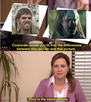 This meme uses the classic 'Corporate needs you to find the differences' template from the US sitcom *The Office*. The top section shows two photos held up: the left is a portrait of a real man with an unusual haircut, grimacing at the camera; the right is a portrait of Lurtz the Uruk-hai (a monstrous orc character from *The Lord of the Rings*), also snarling angrily. The overlaid text reads 'Corporate needs you to find the differences between this picture and this picture.' In the bottom section, Pam Beesly from *The Office* looks at the camera with a deadpan expression and responds with the line 'They're the same picture.' The joke is that the man's facial features and expression are extremely similar to the orc character, poking fun at his unorthodox appearance matching the fictional monster.