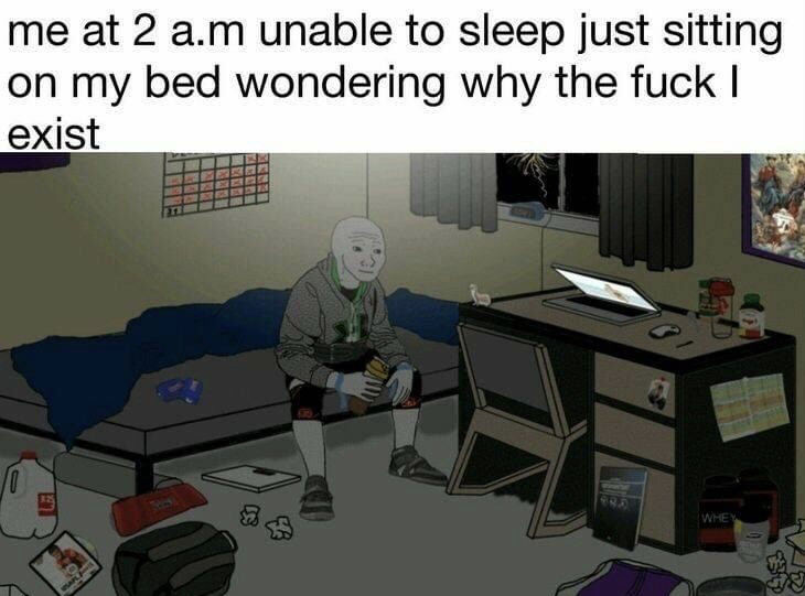 The meme features text at the top stating "me at 2 a.m unable to sleep just sitting on my bed wondering why the fuck I exist", positioned above an illustration of a Doomer-style Wojak character sitting on the edge of an unmade bed in a dim, cluttered bedroom. The room contains a desk with an open laptop, scattered floor items including a milk jug, snack wrappers, a backpack, whey protein supplements, a wall calendar, and a window showing lightning outside. The character has a blank, tired, dissociative expression, holding a small object in his hands, capturing the widely relatable experience of late-night existential dread when suffering from insomnia.