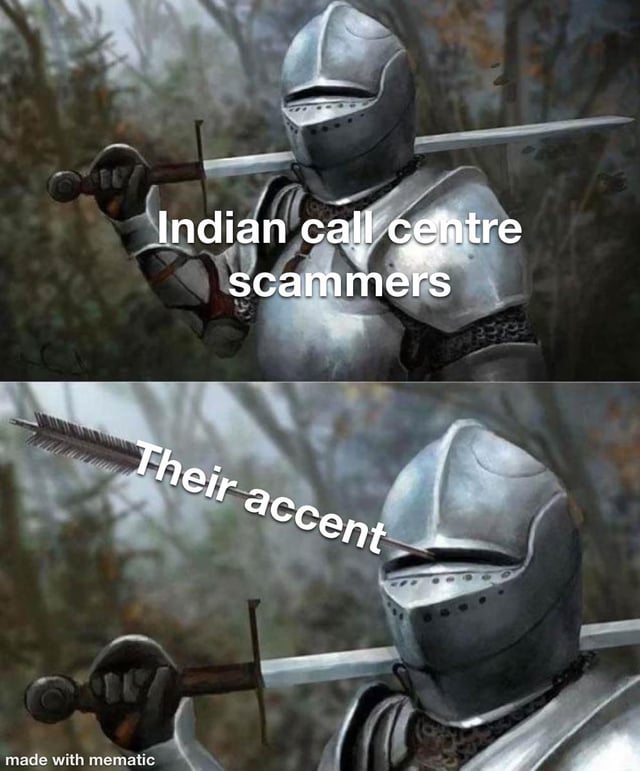 This is a two-panel reaction meme. The first panel features a fully armored medieval knight holding a sword over his shoulder, labeled 'Indian call centre scammers', representing scammers prepared to carry out fraud. The second panel shows the same knight hit directly in the eye slit of his helmet by an arrow labeled 'Their accent', implying that the distinct accent of these scammers immediately gives away their identity, completely foiling their scam attempts before they can succeed.