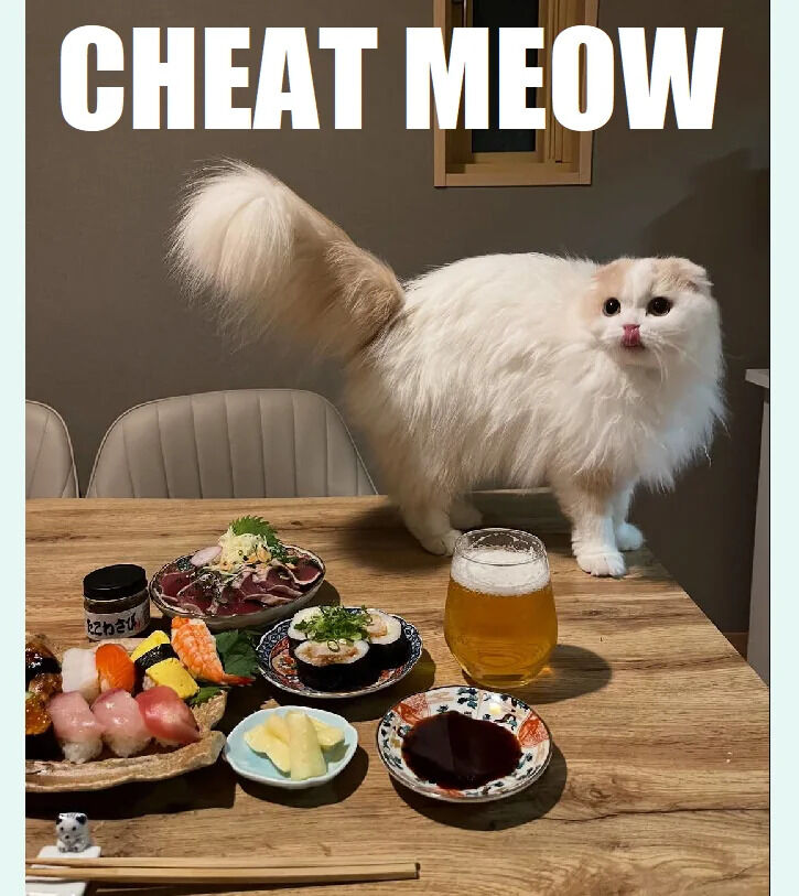 A humorous meme featuring a fluffy white and cream cat standing on a wooden dining table surrounded by various Japanese dishes, including sushi, sashimi, a small bowl of sauce, and a glass of beer with foam. The cat has a curious expression with its tail raised high, appearing to be eyeing the food. The top of the image displays the text 'CHEAT MEOW,' a playful pun on the term 'cheat meal' (a planned indulgence in favorite foods), humorously suggesting the cat is treating itself to a forbidden feast.