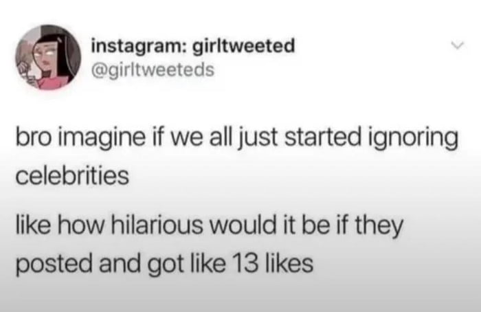 This meme is a screenshot of a social media-style post from user @girltweeteds (with an Instagram handle noted at the top). The core text presents a humorous, sarcastic scenario: what if everyone collectively stopped engaging with celebrities, resulting in their posts receiving only 13 likes—an extremely low number compared to the massive engagement famous people typically get. The joke plays on the stark contrast between the inflated online presence of public figures and the mundane, low engagement of average users' content, echoing the sentiment of the original title 'Stop making stupid people famous' by critiquing the overexposure of certain celebrities. The profile picture features an animated character with an annoyed expression holding a drink, which reinforces the fed-up, dismissive tone of the post.