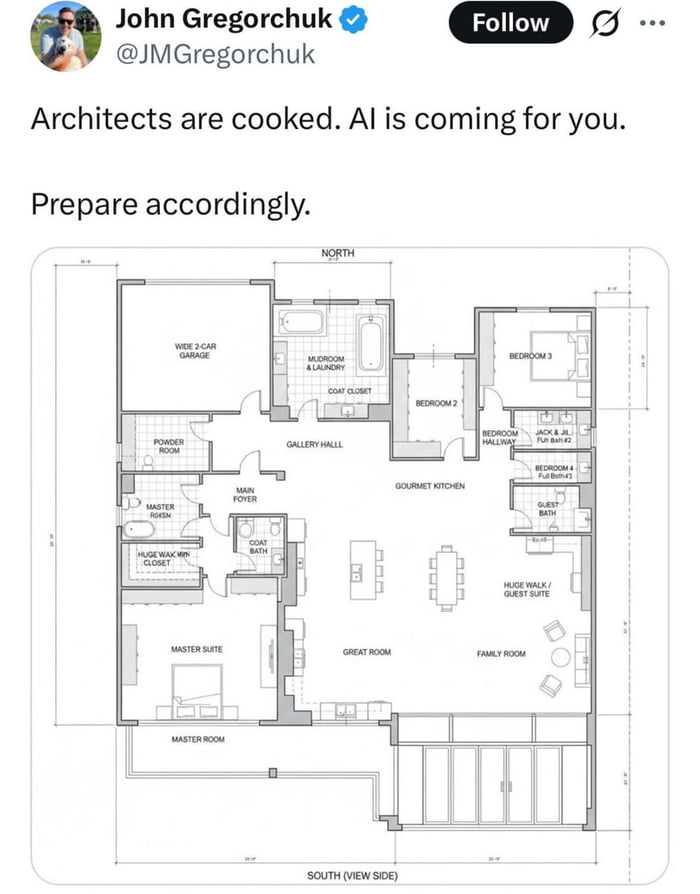 This meme combines a screenshot of a Twitter/X post from user John Gregorchuk (@JMGregorchuk) with a poorly designed house floor plan to create a satirical joke about AI replacing architects. The tweet text reads: *"Architects are cooked. AI is coming for you. Prepare accordingly."* Below it, the floor plan reveals absurd design choices: the "Gourmet Kitchen" is an open, wall-less space in the middle of the home, while multiple rooms (Bedroom 4, a full bathroom, and a hallway) are crammed into a tiny, impractical corner, contrasting with overly spacious areas like the Master Suite and Great Room. The humor comes from the implication that this nonsensical floor plan is an example of AI-generated architecture, mocking the idea that AI can replace skilled architects—thus contradicting the tweet's ominous tone and suggesting architects are still safe from AI replacement, as the AI can't create functional, logical designs.