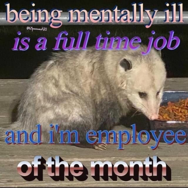 The meme displays a photograph of a disheveled, weary-looking wild opossum crouching on a wooden outdoor surface at night, leaning in to eat dry kibble from a pet food bowl. Overlaid text in colorful gradient fonts reads "being mentally ill is a full time job" at the top of the image, and "and i'm employee of the month" at the bottom. The dark, relatable joke compares the ongoing, exhausting effort required to manage chronic or unaddressed poor mental health to a full-time occupation, with the scrappy, overworked appearance of the opossum serving as a visual stand-in for a person who is excelling at this draining "job".