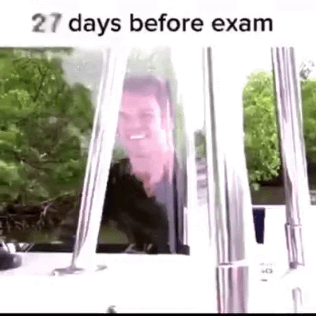 A meme featuring a screenshot of a real person with a cheerful, amused expression, smiling and positioned behind what appears to be a glass or window structure. The top of the image contains the overlaid text '27 days before exam', humorously depicting the typical relaxed心态 (mentality) of students when exams are still weeks away, contrasting with later panic as the deadline approaches. The background shows lush green trees, suggesting an outdoor setting.