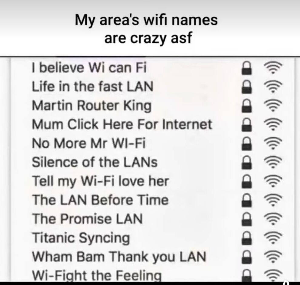 The image is a screenshot displaying a list of humorous Wi-Fi network names with various puns and pop culture references. At the top, the text reads 'My area's wifi names are crazy asf'. Below are 13 Wi-Fi names, each accompanied by a lock icon (indicating password protection) and a Wi-Fi signal symbol. The names include wordplay on tech terms (e.g., 'LAN' instead of 'land', 'Router' instead of 'Luther') and references to famous phrases, movies, or figures (e.g., 'Martin Router King' referencing Martin Luther King Jr., 'Silence of the LANs' referencing 'The Silence of the Lambs', 'The LAN Before Time' referencing 'The Land Before Time').