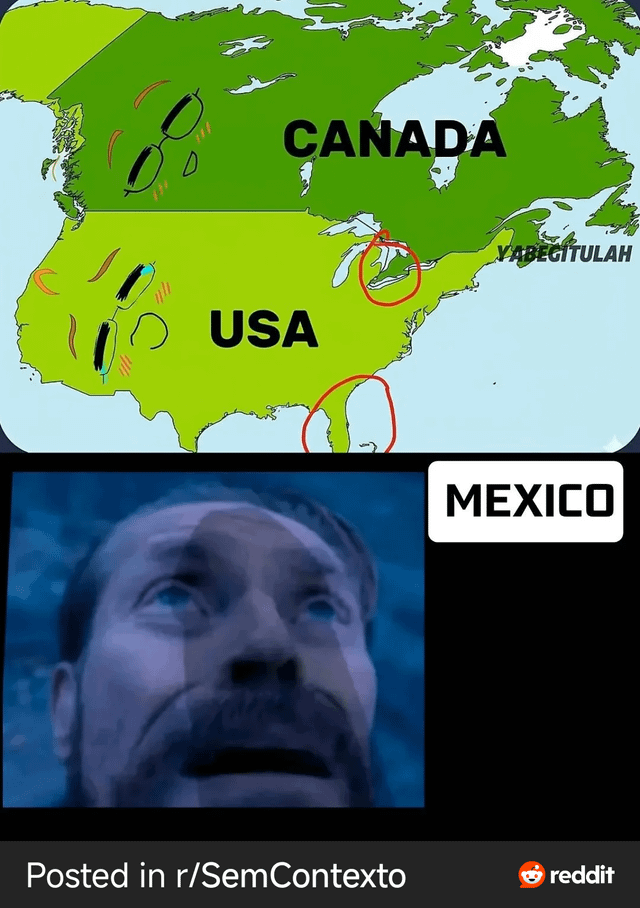 The meme features a two-part image. The top part shows a map of North America with Canada and USA anthropomorphized with glasses and blushing cheeks, appearing to look admiringly southward. The bottom part shows a close-up of a surprised-looking man labeled as Mexico. Red circles highlight specific regions on the US map (Florida and the Northeast). The humor comes from the anthropomorphic representation suggesting Canada and USA are looking at Mexico with admiration.