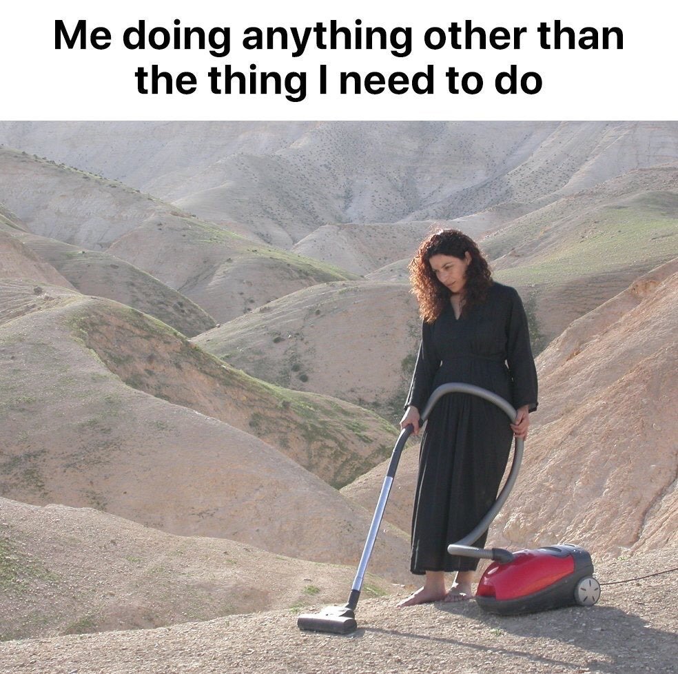 This is a relatable procrastination meme consisting of text at the top and a surreal photograph below. The text reads 'Me doing anything other than the thing I need to do'. The photograph shows a woman with curly dark hair wearing a long black dress, standing barefoot on the edge of a dry, rolling desert hill landscape. She is holding the hose of a red and grey canister vacuum cleaner, holding the vacuum head over the rocky desert ground as if she is vacuuming the desert. The absurd, completely useless action of vacuuming a desert perfectly illustrates the common experience of procrastinating by engaging in random, pointless, unnecessary tasks instead of completing the actual important task you are supposed to do.