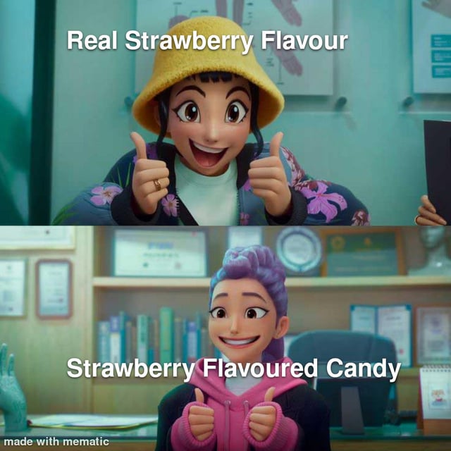 This is a two-panel comparison meme using 3D animated characters from Disney Pixar's 2022 film Turning Red. The top panel shows an excited young female character giving two enthusiastic thumbs up, labeled 'Real Strawberry Flavour'. The bottom panel shows another female character giving a more restrained, forced double thumbs up with a polite strained smile, labeled 'Strawberry Flavoured Candy'. The joke is a relatable commentary on how artificial strawberry flavor used in most candies tastes almost nothing like the flavor of actual fresh strawberries, even though both are marketed as strawberry flavored, contrasting the genuine positive reaction to real fruit with the underwhelmed reaction to the artificial alternative. A 'made with mematic' watermark is present at the bottom left corner of the image.