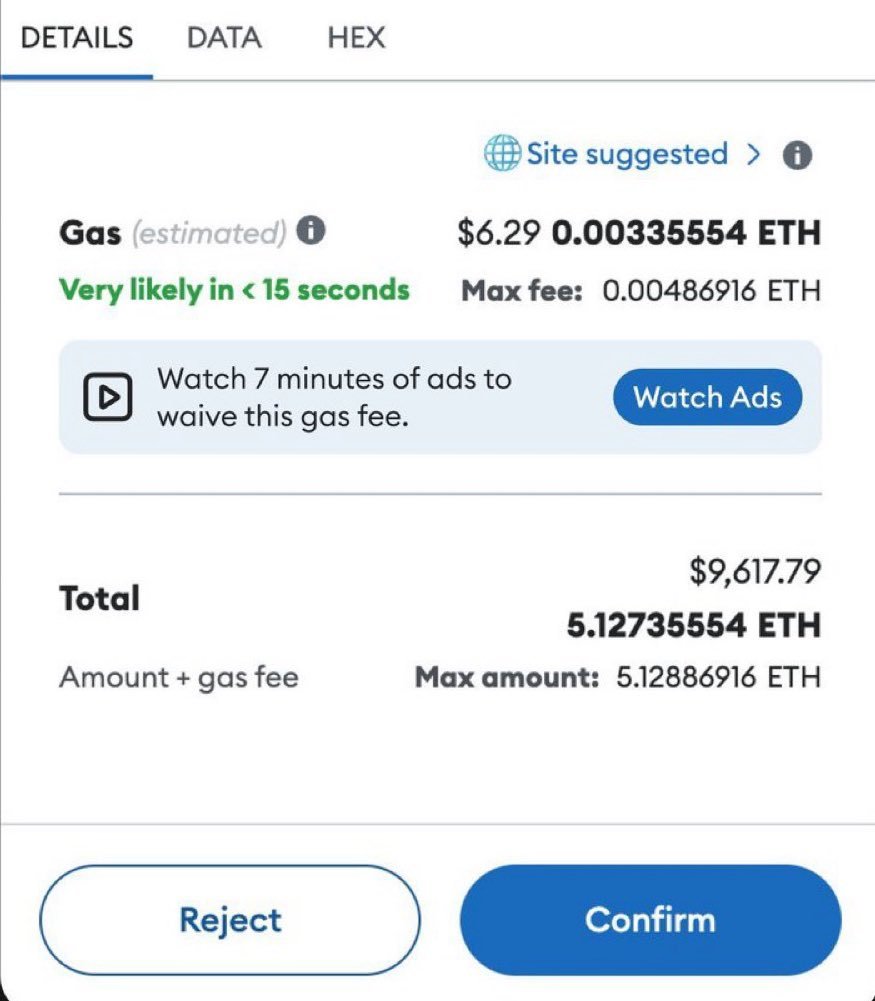 This is a screenshot of an Ethereum transaction confirmation screen from a cryptocurrency wallet. It displays an estimated gas fee of $6.29 (0.00335554 ETH) for the transaction, and a prominent offer allowing users to watch 7 minutes of advertisements to waive this gas fee entirely. The total transaction value including gas is $9,617.79 (5.12735554 ETH), with Reject and Confirm transaction buttons at the bottom. The meme jokes about the extremely high and problematic gas fees on the Ethereum network, poking fun at how bad fees have become that users are now offered ad-based waivers instead of lower fees.