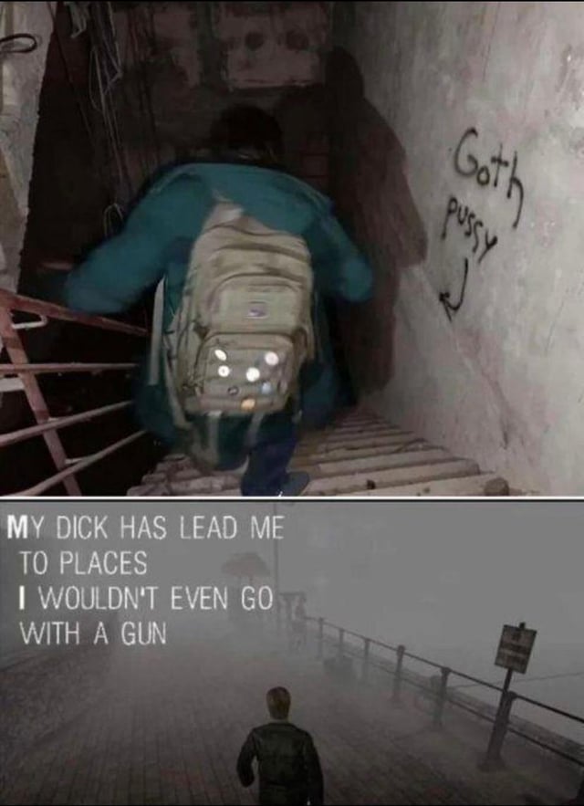 A two-panel meme. Top panel: A character wearing a teal jacket and beige backpack climbs down a narrow, dimly lit staircase with worn steps and a rusted metal railing. The wall to the right has black graffiti reading 'Goth pussy' with an arrow pointing downward. The scene has a gritty, possibly video game-like aesthetic. Bottom panel: A foggy, desolate pathway with a person walking away toward a distant, indistinct structure. Overlaid in bold white text is: 'MY DICK HAS LEAD ME TO PLACES I WOULDN'T EVEN GO WITH A GUN'.