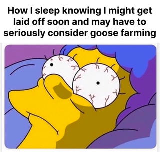 This meme uses ironic juxtaposition for humorous effect. The text at the top reads "How I sleep knowing I might get laid off soon and may have to seriously consider goose farming". Below the text is a still of Marge Simpson from the animated series *The Simpsons*, lying in bed with extremely wide, heavily bloodshot eyes, looking fully awake and consumed by panic. The joke comes from the contrast between the phrase "how I sleep" (which typically implies peaceful rest) and the character's visibly stressed, sleepless state, plus the absurdity of considering goose farming as a backup career after being laid off, making it highly relatable to people facing employment precarity.