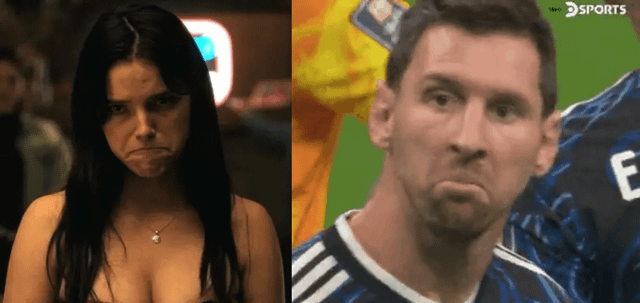 This is a two-panel side-by-side collage meme. The left panel features an unidentified dark-haired woman making an exaggerated, annoyed pouting expression, with her lips pressed and pushed forward while looking directly at the camera. The right panel features famous professional footballer Lionel Messi wearing an Argentina national team jersey, making an almost identical pouting, displeased facial expression. The humor comes from the striking, unexpected similarity between their expressions, paired with the title that playfully implies one copied the other's mannerism or they share the exact same annoyed reaction look.
