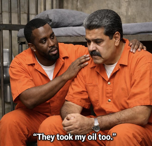 A meme image featuring two men in orange prison jumpsuits sitting in a prison cell. The man on the left, with a beard and earring, has his arm around the man on the right, who has a mustache and is wearing a wristwatch. The left man appears to be comforting the right man by placing his hand on his shoulder. The right man looks sad, with his hands clasped. At the bottom of the image, there is a caption reading, 'They took my oil too.' The setting includes metal bunk beds in the background, indicating a prison environment.