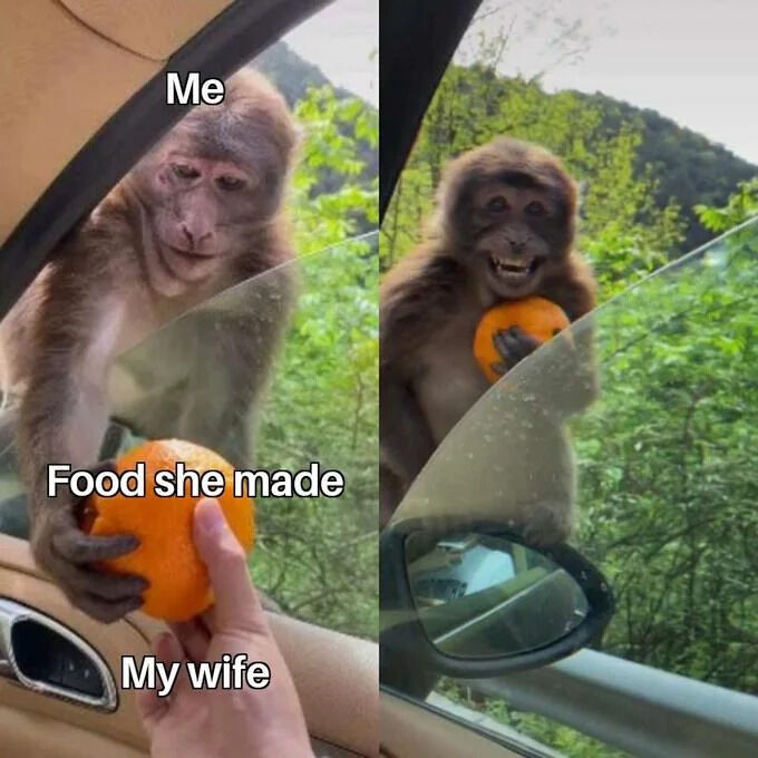 This is a two-panel relatable meme that uses footage of a wild monkey interacting with a person in a car to illustrate a common marriage dynamic. In the first panel, the monkey, labeled 'Me', has a reluctant, unimpressed expression as it takes an orange labeled 'Food she made' from a person's hand labeled 'My wife' extended from inside the car. In the second panel, the same monkey stands outside the car grinning widely with obvious delight while holding the orange, implying that the person is ultimately very happy and grateful to receive their partner's home cooking despite any initial hesitation.
