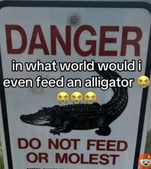 A humorous meme featuring a modified 'DANGER' warning sign. The sign originally displays 'DO NOT FEED OR MOLEST' in bold red letters at the bottom, with a black illustration of an alligator. Overlaid on the sign is white text reading 'in what world would i even feed an alligator 😂' accompanied by three crying-laughing emojis (😂) below the text. The joke hinges on the absurdity of needing to warn against feeding alligators, implying such an action is obviously foolish.