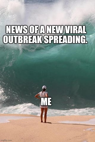 This is a relatable reaction meme that uses a stark visual metaphor: a single small person stands on a sandy beach facing an extremely large, towering incoming ocean wave. The massive wave is labeled 'NEWS OF A NEW VIRAL OUTBREAK SPREADING', while the tiny person is labeled 'ME'. The gag highlights the overwhelming, helpless feeling many people experience when hearing announcements of new public health outbreaks, emphasizing how large and intimidating the impending problem feels from an individual perspective.