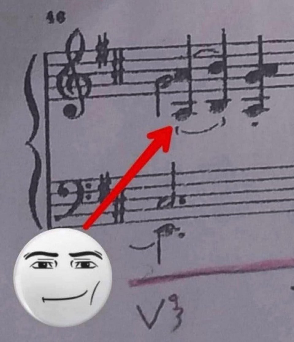 The image features a handwritten sheet music page with both treble and bass clefs, containing musical notations such as sharps, a 'p' (piano, meaning soft) dynamic marking, and various notes. A prominent red arrow is drawn pointing to a specific note in the treble clef section. In the bottom left corner, there is a circular meme face with raised eyebrows, a neutral mouth, and a subtle smirk, conveying a tone of suspicion or amusement. The combination of the sheet music and the meme face suggests a humorous or ironic commentary on the highlighted note.