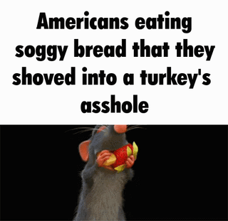A meme in a 2x2 grid format featuring animated frames of Remy, the rat from 'Ratatouille', in each quadrant. Remy is shown with closed eyes, holding food, and surrounded by vibrant, swirling colorful effects that convey a sense of euphoria or sensory delight. All four sections contain the identical text overlay: 'Americans eating soggy bread that they shoved into a turkey's asshole'. The humor combines sarcastic commentary on a perceived American culinary practice (likely referencing turkey stuffing with an exaggerated, crude twist) with Remy's blissful reaction, implying enjoyment of the described food.
