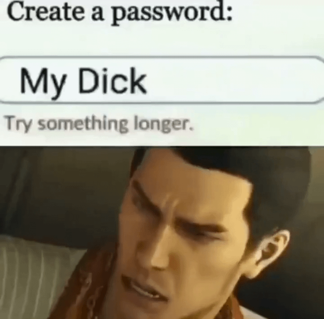 This meme is split into two stacked sections. The top section imitates a standard website password creation interface: it opens with the prompt 'Create a password:', followed by a text input field containing the user's entry 'My Dick', then a system response line that reads 'Try something longer.'. The bottom section displays a screenshot of Kiryu Kazuma, the lead protagonist of the Yakuza (Like a Dragon) video game franchise, making a pained, frustrated, disappointed grimace. The humor comes from a deliberate double entendre: the system's line is formally intended to reference minimum password length requirements, but it is read as an unintended insult implying the user's penis is too short, which is the context for the character's distressed reaction.