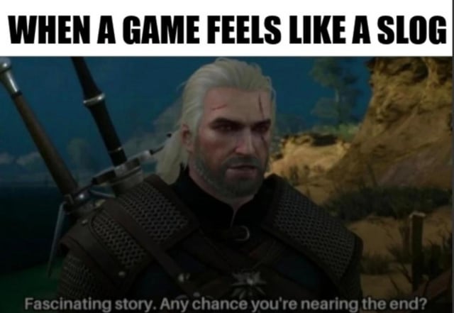 This is a single-panel reaction meme featuring a screenshot of Geralt of Rivia from the video game *The Witcher 3: Wild Hunt*. Bold black top text reads 'WHEN A GAME FEELS LIKE A SLOG', referencing the experience of playing a game that has become tedious, slow, and unenjoyable. The bottom overlaid text matches Geralt's dry, unimpressed expression, reading 'Fascinating story. Any chance you're nearing the end?'. The meme humorously captures the relatable gamer frustration of being stuck in a dragged-out, boring section of a game and wanting it to end as soon as possible.