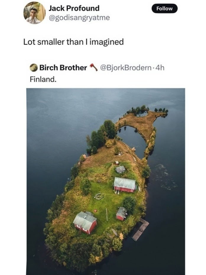 This image is a screenshot of a quote tweet interaction on the X (formerly Twitter) platform. First, user Birch Brother (@BjorkBrodern) shares an aerial photograph of a small, uniquely fish-shaped island located in Finland. The island sits in dark blue lake water, features several red wooden cottages with metal roofs, grassy and autumnal foliage areas, scattered trees, and a small wooden dock. User Jack Profound (@godisangryatme) quotes this post, adding the line 'Lot smaller than I imagined', which creates a humorous misunderstanding joke: the line implies the user thought the post was referencing the entire country of Finland, rather than the specific small island pictured, resulting in a playful punchline about Finland appearing unexpectedly tiny.