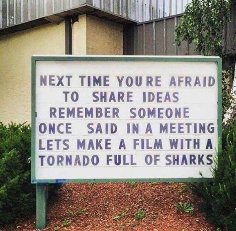 The image displays a freestanding outdoor letter board sign with a green frame, positioned in front of a building with a corrugated metal upper exterior and light beige lower wall, surrounded by green bushes and brown wood chip mulch. The text printed on the sign delivers a humorous motivational message: it advises people who feel nervous about sharing their ideas to remember that someone once pitched the concept of a movie about a tornado full of sharks in a meeting. This pitch became the real, widely successful cult B-movie franchise *Sharknado*, so the joke highlights that even seemingly ridiculous or outlandish ideas can find success and an audience.