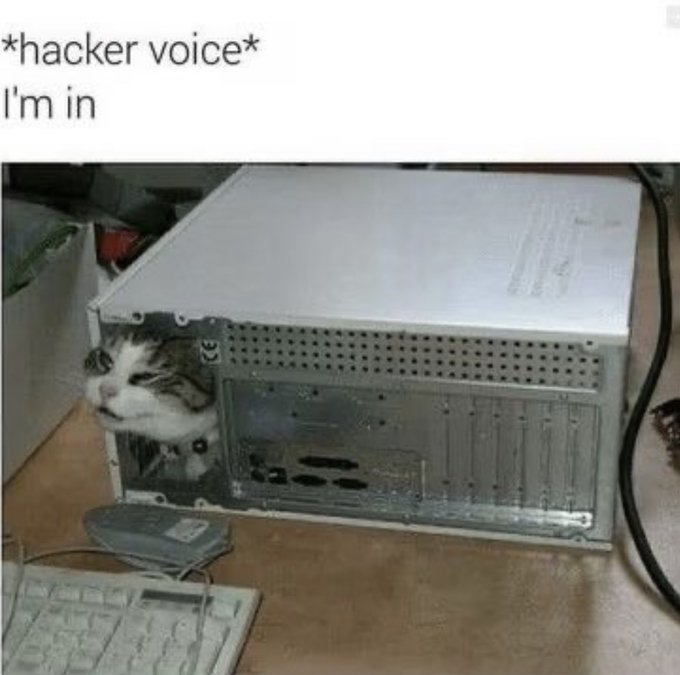 The meme has two core sections: text at the top that reads '*hacker voice* I\'m in', and a photograph underneath showing a white and tabby cat poking its head out of the side of an open desktop computer case placed on a wooden desk, with a white keyboard and grey computer mouse visible in the foreground. The humor derives from a pun on the phrase 'I\'m in', which is a common line associated with fictional or meme hackers to announce they have successfully gained remote access to a computer system, while in this image the cat is literally physically inside the computer hardware itself.