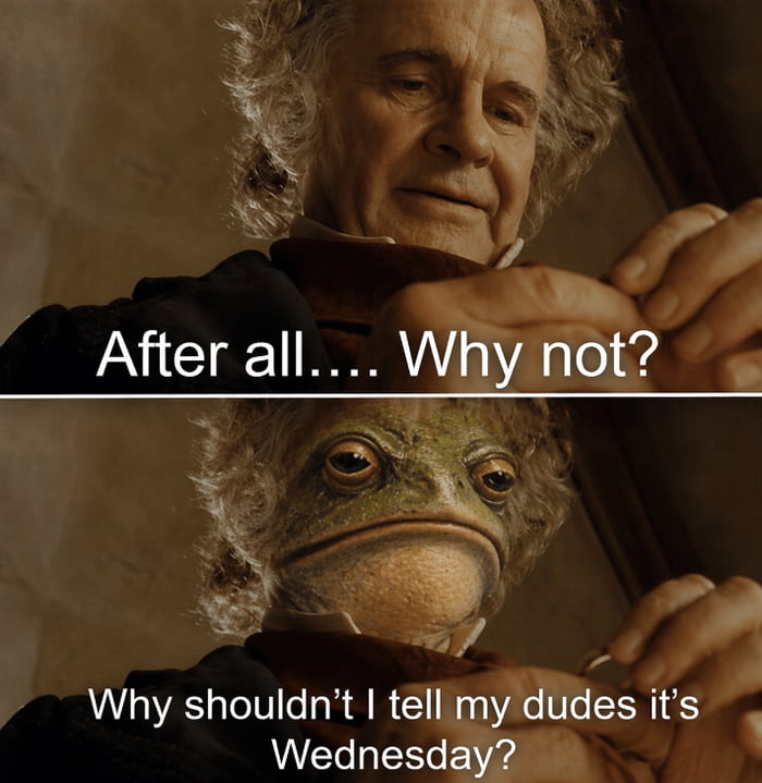 This is a two-panel edited meme combining two popular internet joke formats. The top panel uses a canonical scene from *The Lord of the Rings: The Fellowship of the Ring*, showing Bilbo Baggins holding the One Ring while looking at it contemplatively, overlaid with the text "After all.... Why not?". The bottom panel edits Bilbo's face to be replaced with the face of the viral "Wednesday Frog" (the subject of the long-running "It is Wednesday, my dudes" meme), with accompanying text that finishes the joke: "Why shouldn't I tell my dudes it's Wednesday?". The meme plays on the relatable, absurd joke of celebrating Wednesdays (the middle of the work/school week) by referencing two well-known existing meme properties.