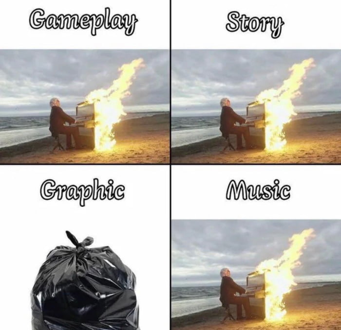 This is a 4-panel comparison meme that humorously evaluates four core aspects of a video game: 

1. **Gameplay**: A real photo of a calm man playing a grand piano engulfed in flames on a beach, implying the gameplay is intense, high-quality, or chaotically enjoyable.
2. **Story**: Uses the exact same burning piano image, suggesting the game's story is equally strong or engaging as the gameplay.
3. **Graphics**: Shows a plain black trash bag, a stark contrast that mocks the game's graphics as low-quality, worthless, or poorly made.
4. **Music**: Repeats the burning piano image, indicating the game's soundtrack is as impressive, dramatic, or well-executed as the gameplay and story.

The meme relies on visual metaphor and contrast to create a funny, sarcastic take on a game with mixed quality features.