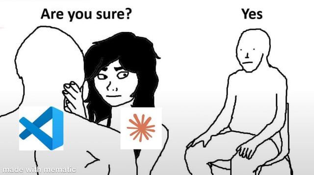 This is a single-panel wojak tech humor meme. On the left, two wojak figures are paired with the Visual Studio Code (VS Code) logo and the common desktop spinning loading pinwheel icon, with the text 'Are you sure?' positioned above them. On the right, the viral 'chair guy' wojak sits blankly on a chair with the text 'Yes' above him. The joke references the experience of 'vibecoding', a trend where programmers code in a relaxed, unplanned flow state: programmers often confidently proceed with their work even when VS Code or their system gives warnings, experiences slow load times, or signals potential issues, feeling as resigned and unconcerned about possible negative outcomes as the blank-faced chair character.